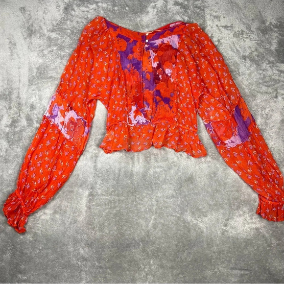 Free People Blouse Womens Small Red Floral Sheer Artsy Boho Ruffle Watercolor - Picture 8 of 14